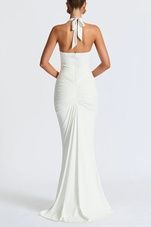 Cardydony Women's Solid Color Elegant Halterneck V-neck Open Back Tie Gathered Maxi Dress