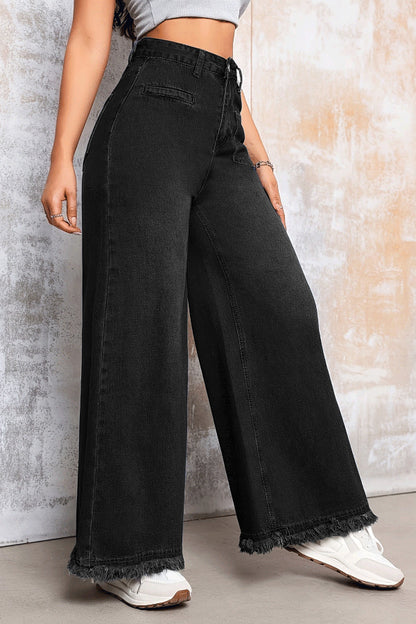 Cardydony Women's Stylish Loose-fitting Frayed Hem Casual Pocket Wide-leg Jeans
