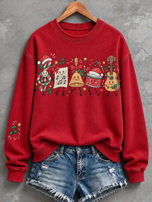 Cardydony Women's Playful Christmas Music Characters Graphic Relaxed Fit Red Crewneck Sweatshirt