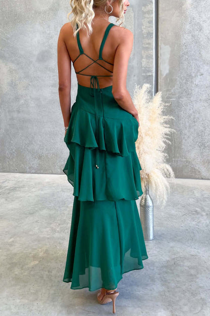 Cardydony Women's Solid Color V-neck Sleeveless Elegant Layered Maxi Dress