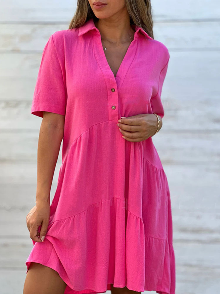Cardydony Loose Solid Color Lapel Casual Short-sleeved Cotton Linen Dress