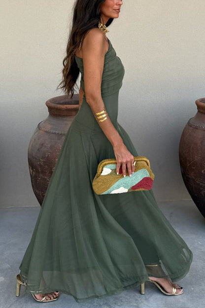 Cardydony Women's In My Arms Mesh Ruched Strapless Paneled Drape Flare Maxi Dress