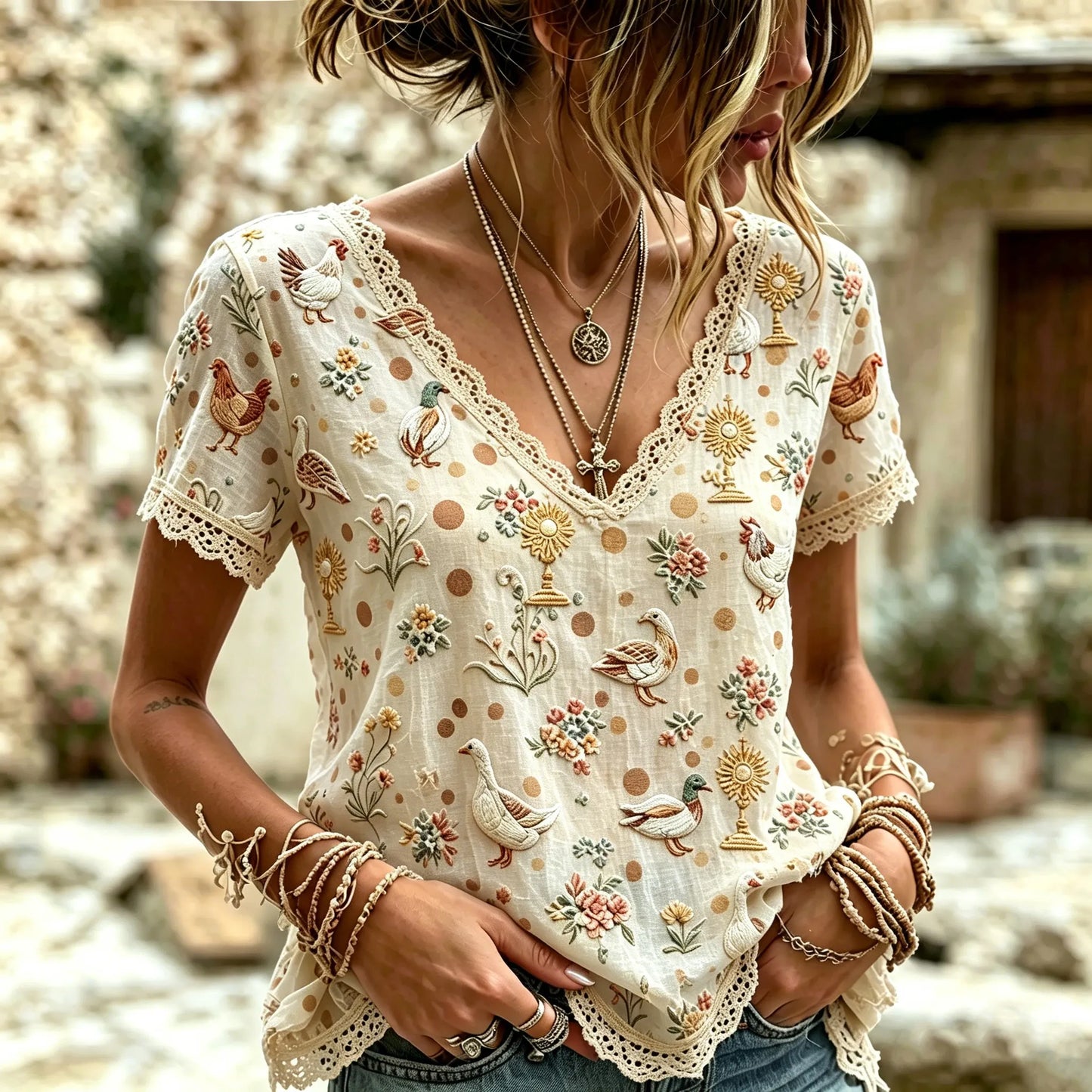 Cardydony Women's Retro Cotton Linen Farm Style Animal Embroidery Print V-neck Top