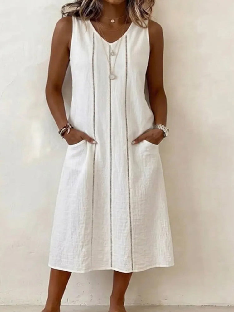Cardydony Women's Solid Color V-neck Sleeveless Vest Midi Dress