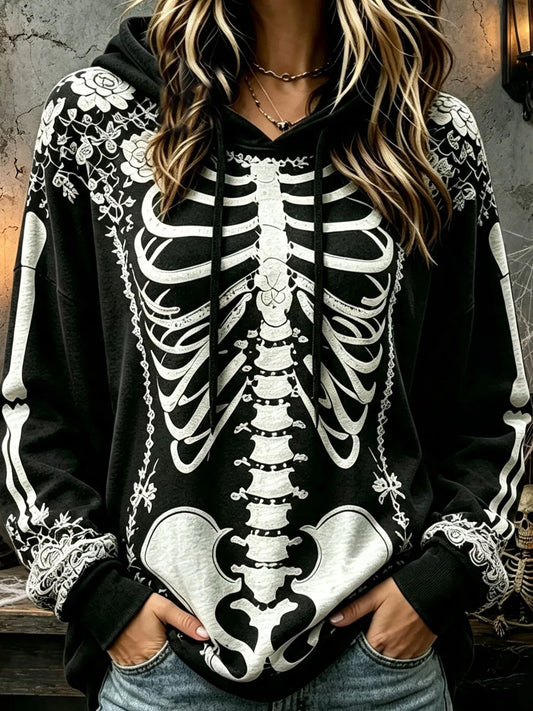 Cardydony Women's Vintage Halloween White Rose And Human Skeleton Art Print Hoodie