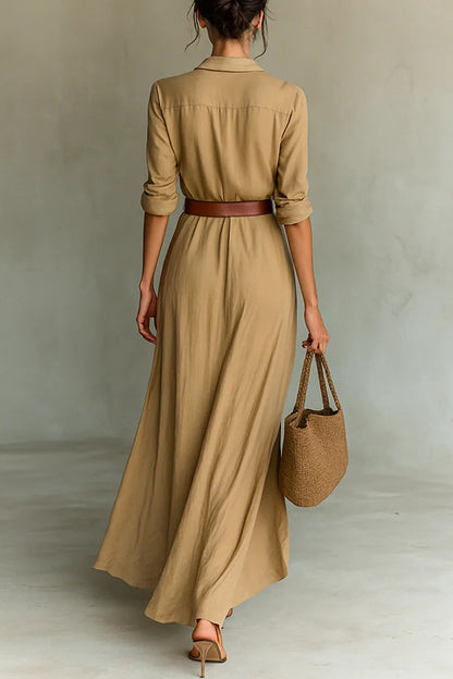 Cardydony Women's City Sleek Single Breasted Long Sleeve Warp Slit Shirt Maxi Dress