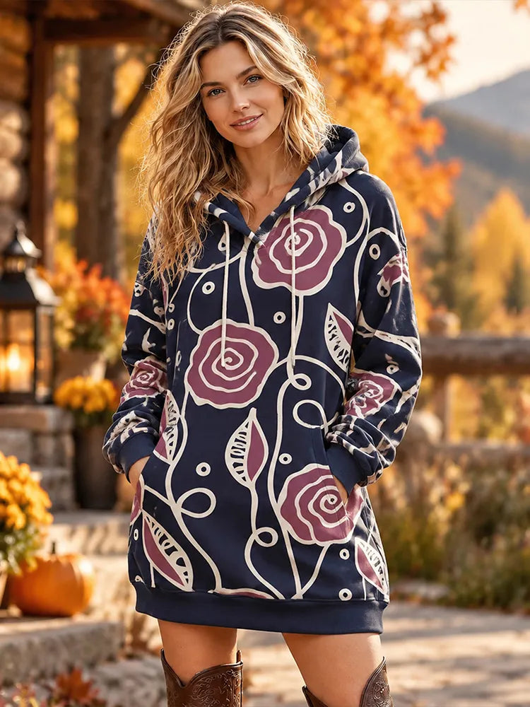 Cardydony Women's Abstract Burgundy Rose Line Art Print Fall Hooded Sweatshirt