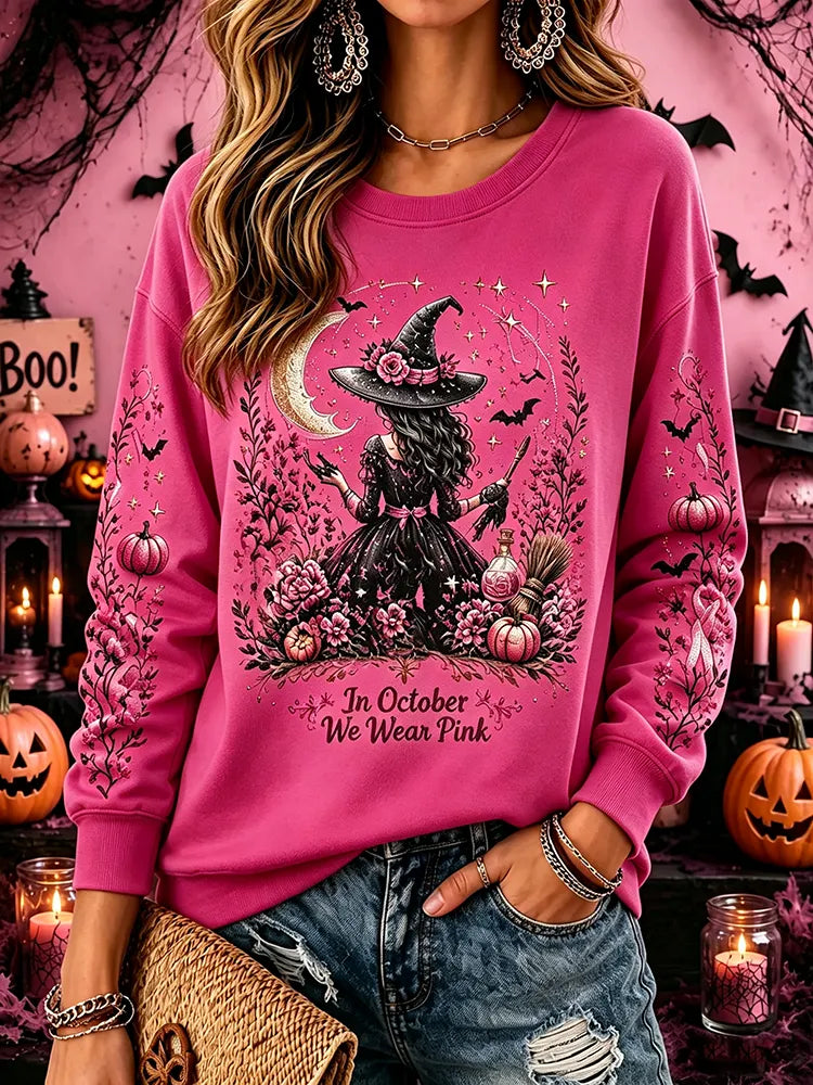 Cardydony Women's Retro Halloween Breast Cancer Awareness Witch Print Crew Neck Sweatshirt
