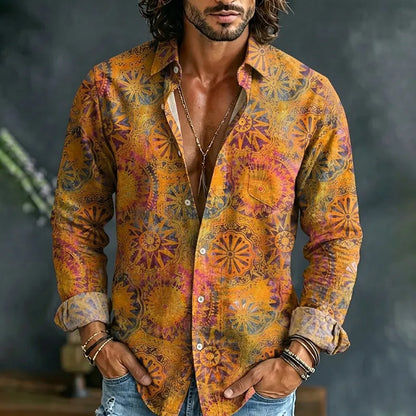 Cardydony Men's Retro Geometric Ethnic Pattern Print Pocket Long Sleeve Shirt