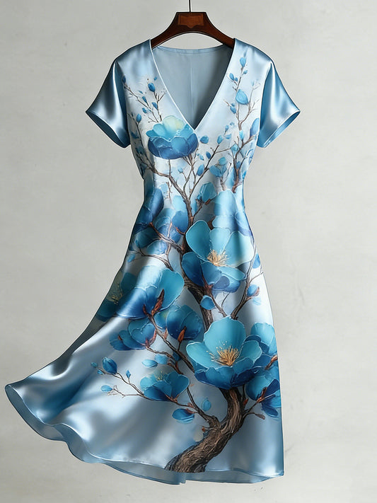 Cardydony Women's Retro Japanese-style Plum Blossom Pattern Smooth Dress