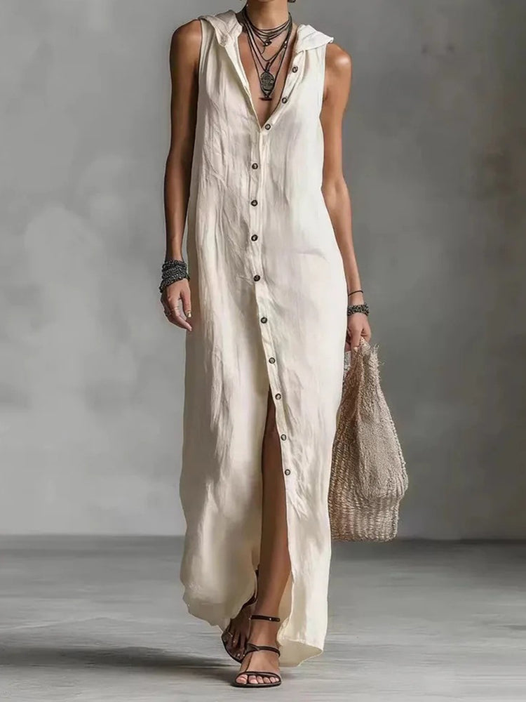 Cardydony Women's Solid Color Button Linen Blend Comfy Maxi Dress