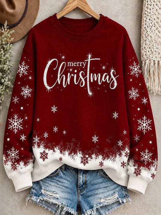 Cardydony Women's Festive Merry Christmas Snowflake Print Relaxed Fit Red Crewneck Sweatshirt