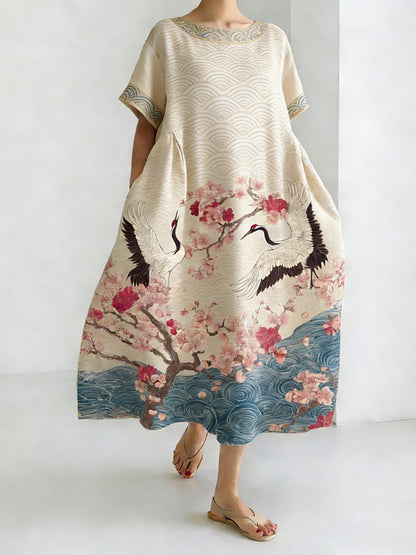 Cardydony Women's Comfortable Dress With Japanese-style Flying Crane Floral And Water Ripple Pattern