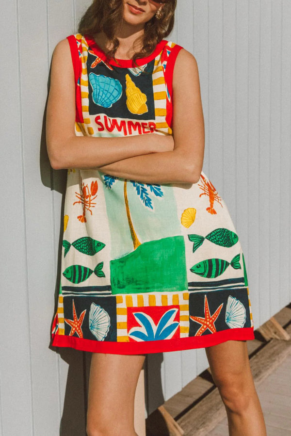Cardydony Women's Summer-themed Printed Round Neck Sleeveless Pocket Loose Mini Dress