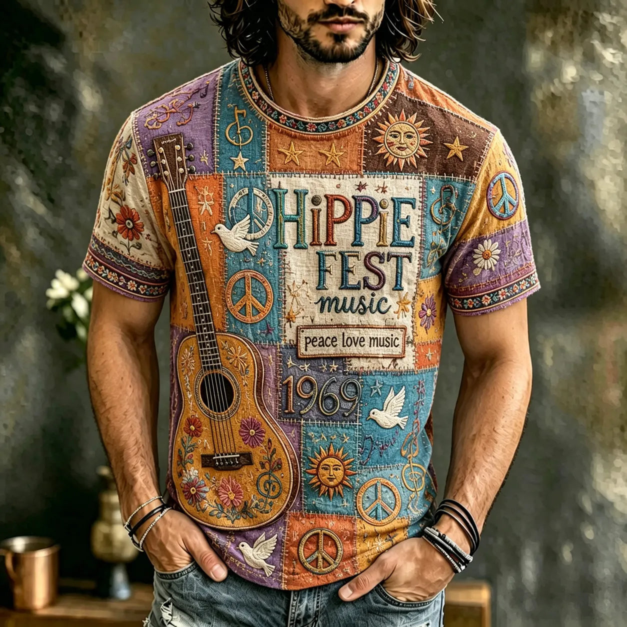 Cardydony Men's Peace Sign And Guitar Hippie Patchwork Print T-shirt