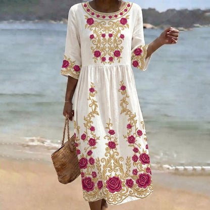 Cardydony Women's Vintage Flower Print Crew Neck Linen Blend Midi Dress