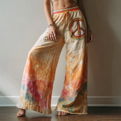 Cardydony Women's Vintage Hippie Tie-dye Peace Print Casual Pants