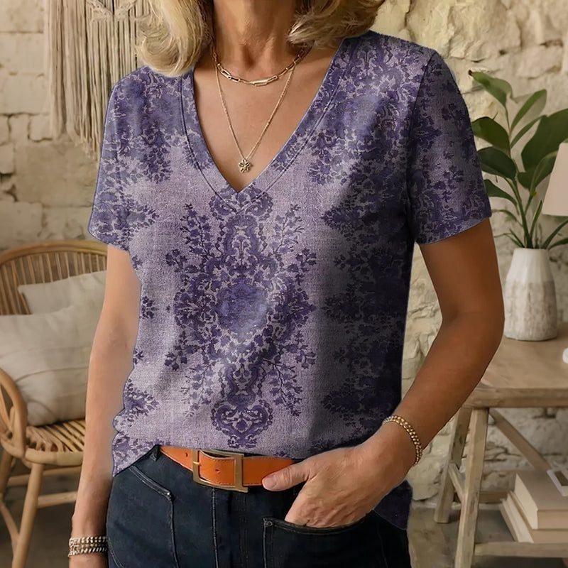 Cardydony Women's Vintage Floral Art Print V-neck Short Sleeve T-shirt
