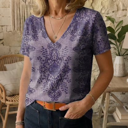 Cardydony Women's Vintage Floral Art Print V-neck Short Sleeve T-shirt