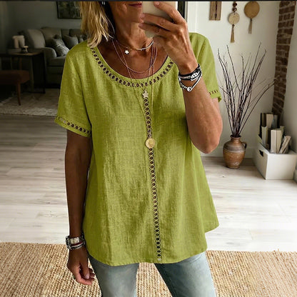 Cardydony Women's Vintage Hollow-out Design Cotton Linen Shirt