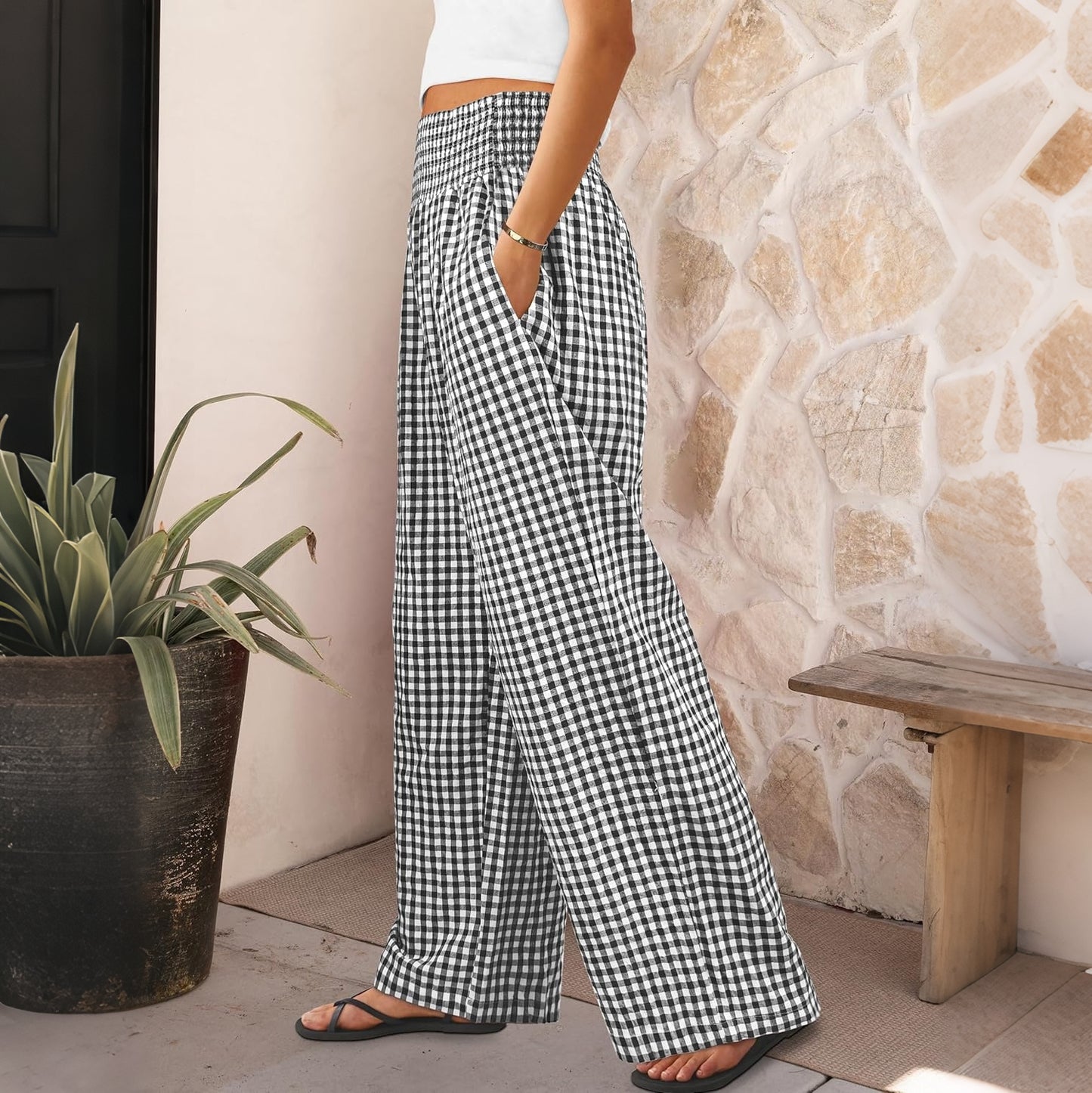 Cardydony Women's Striped Plaid Palace Wide Leg Pants