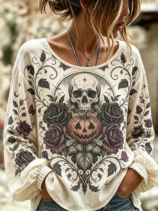 Cardydony Women's Long Sleeve T-shirt With Human Skull, Jack-o'-lantern, And Rose Motif