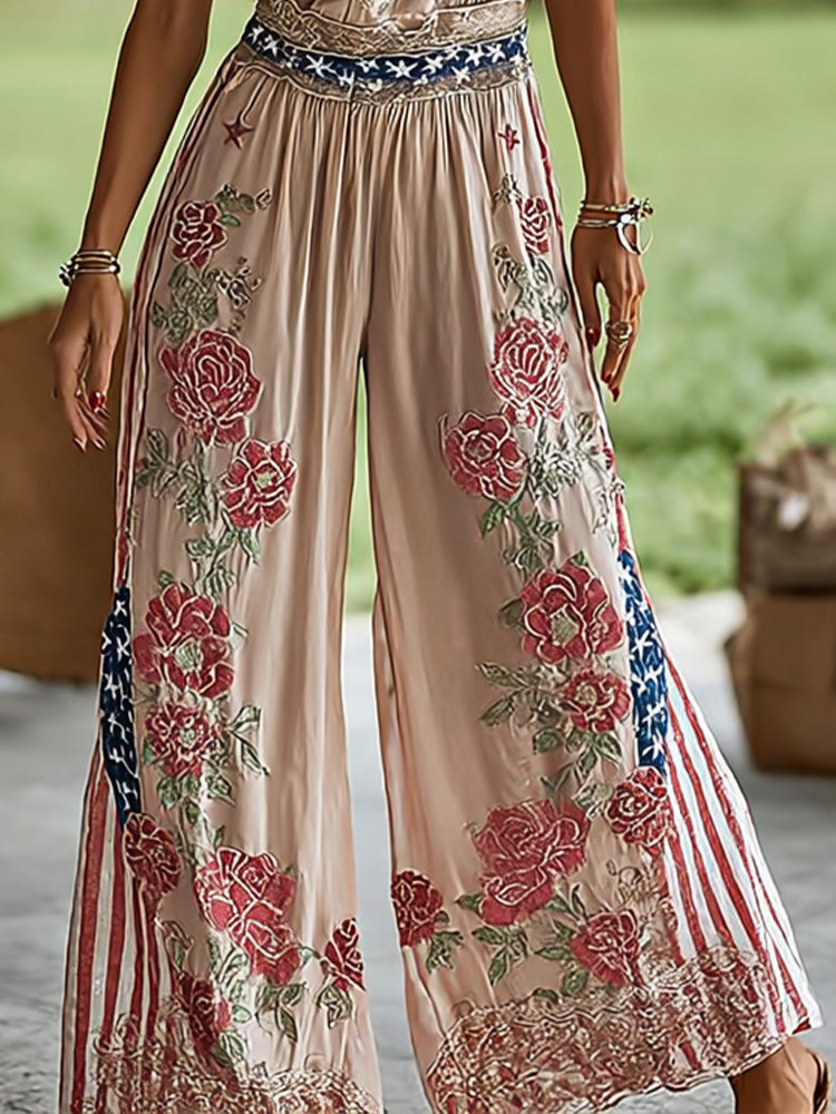 Cardydony Boho American Flag & Rose Embroidered Wide-leg Pants