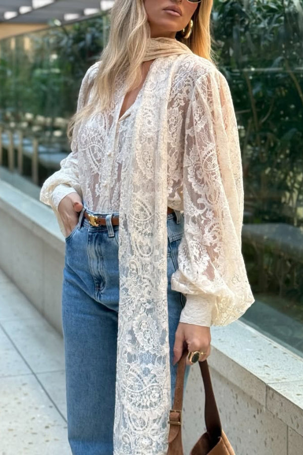 Cardydony Women's  Solid Color Sheer Lace Elegant Ribbon Long-sleeved Shirt