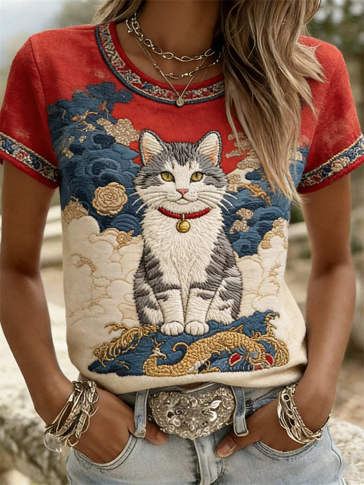 Cardydony Fuzzy Cat Japanese Landscape Art Contrast T Shirt