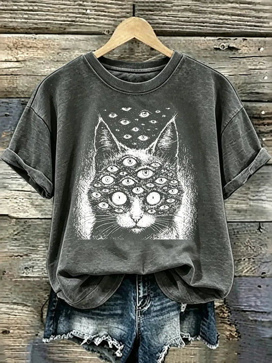 Cardydony Abstract Creative Occult Cat Shirt Weird Many Eyed Cat Funny Halloween Cat Art Casual T-shirt