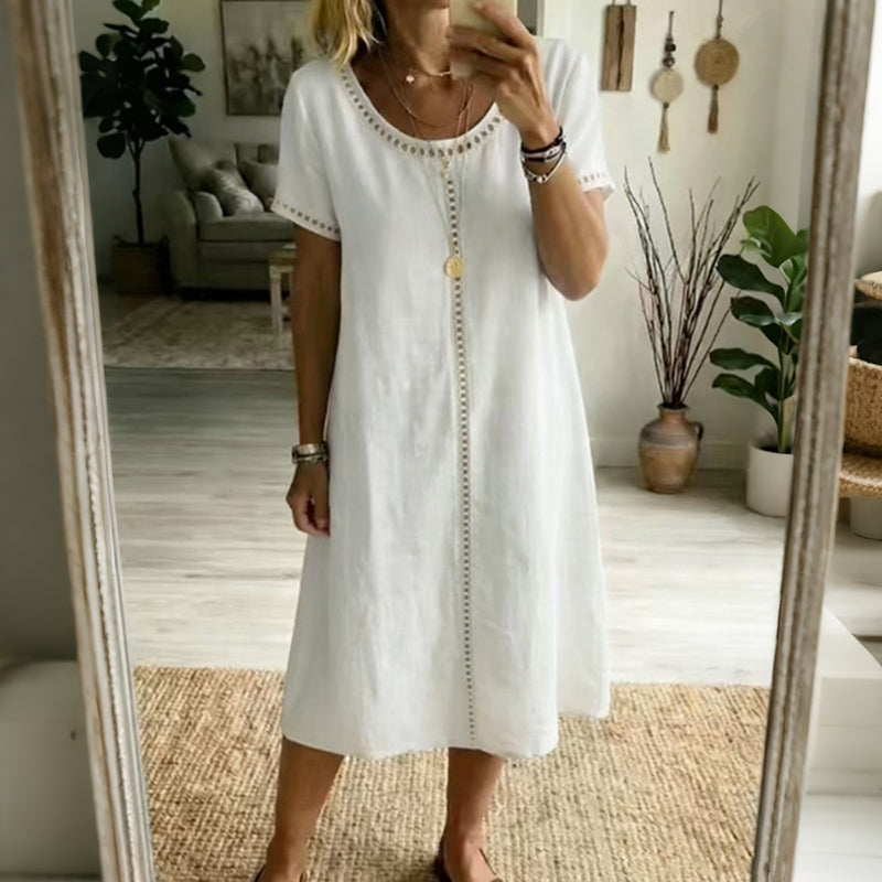 Cardydony Women's Solid Color Round Neck Short Sleeve Linen Blend Midi Dress