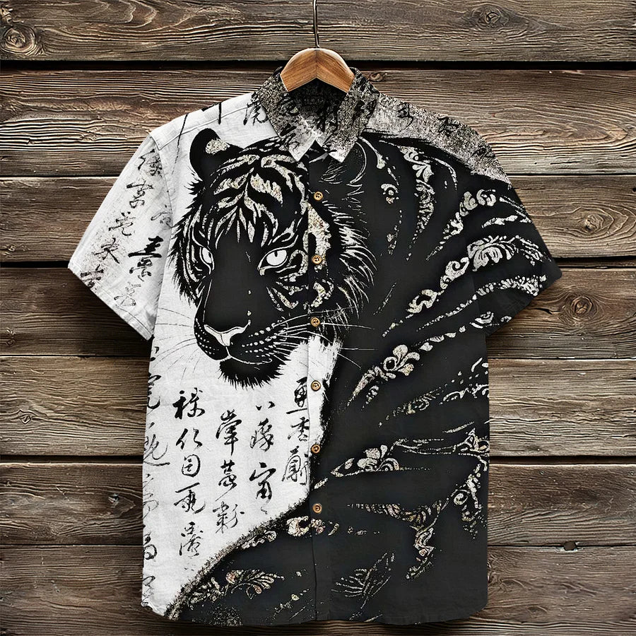 Cardydony Japanese Tiger Calligraphy Art Vintage Linen Shirt