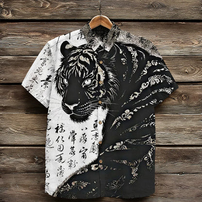 Cardydony Japanese Tiger Calligraphy Art Vintage Linen Shirt