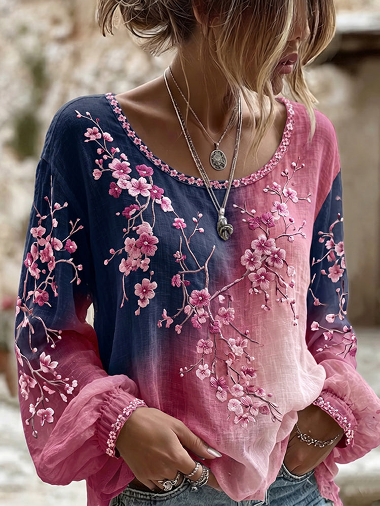 Cardydony Women's Retro Sakura Gradient Art Round Neck Long Sleeve T-shirt