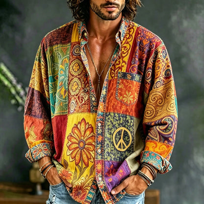 Cardydony Men's Retro Ethnic Hippie Color Block Design Shirt