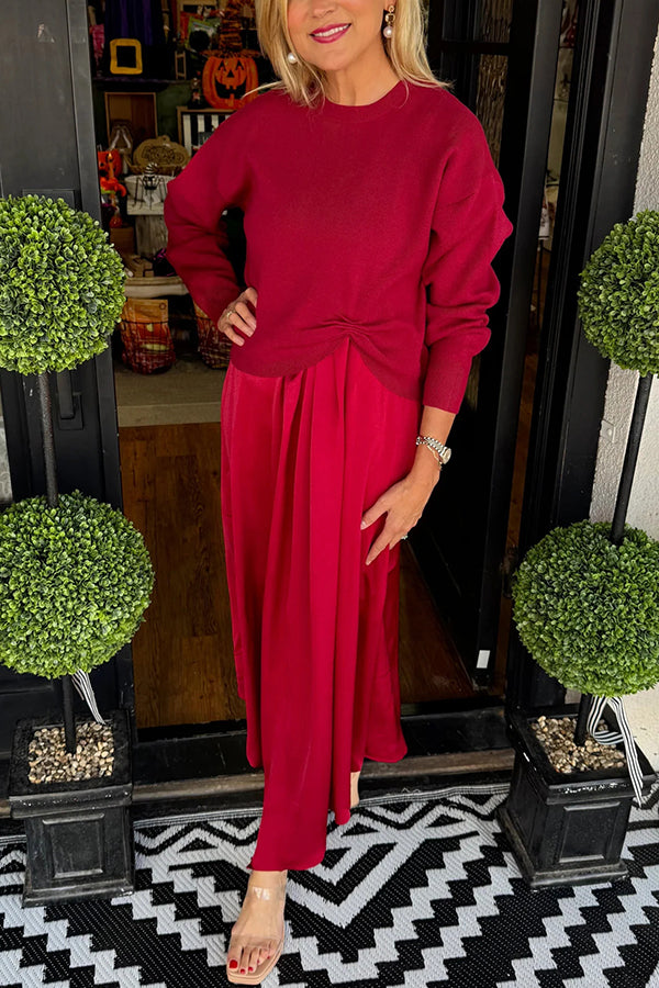 Cardydony Women's  Practical Fashion Knit Ruched Sweater and Satin Stretch Tank Midi Dress Two-piece Set