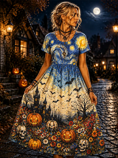 Cardydony Women's Halloween Starry Night Theme Maxi Dress - Spooky Castle, Bats And Pumpkins Print Flowy Dress