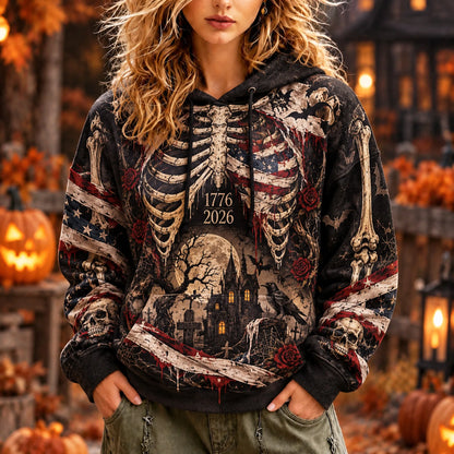 Cardydony Retro Gothic Halloween Skull American Flag Raven Castle Rose Hooded Sweatshirt