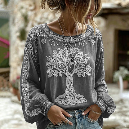 Cardydony Women's Retro Viking Tree Of Life Pattern Casual Linen Blend T-shirt