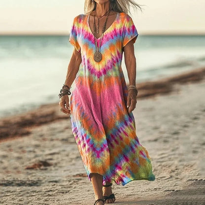 Cardydony Women's Retro Colorful Heart Tie-dye Print Midi Dress