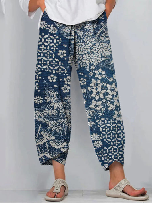 Cardydony Vintage Japanese Art Flower Print Casual Pants