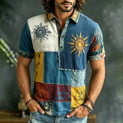 Cardydony Men's Casual Retro Sun And Moon Hippie Print Polo Shirt