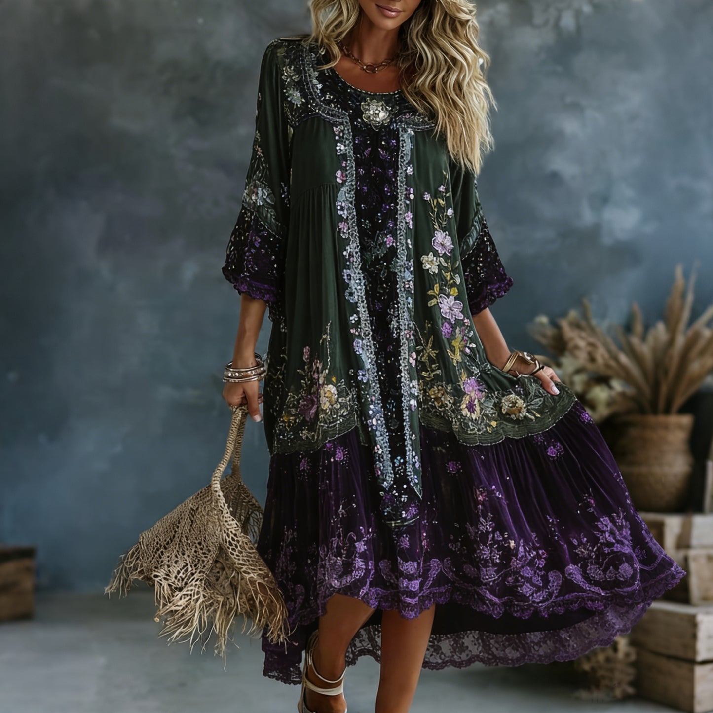 Cardydony Vintage Gradient Purple Lavender And Floral Art Linen Blend Loose Three-quarter Sleeve Dress