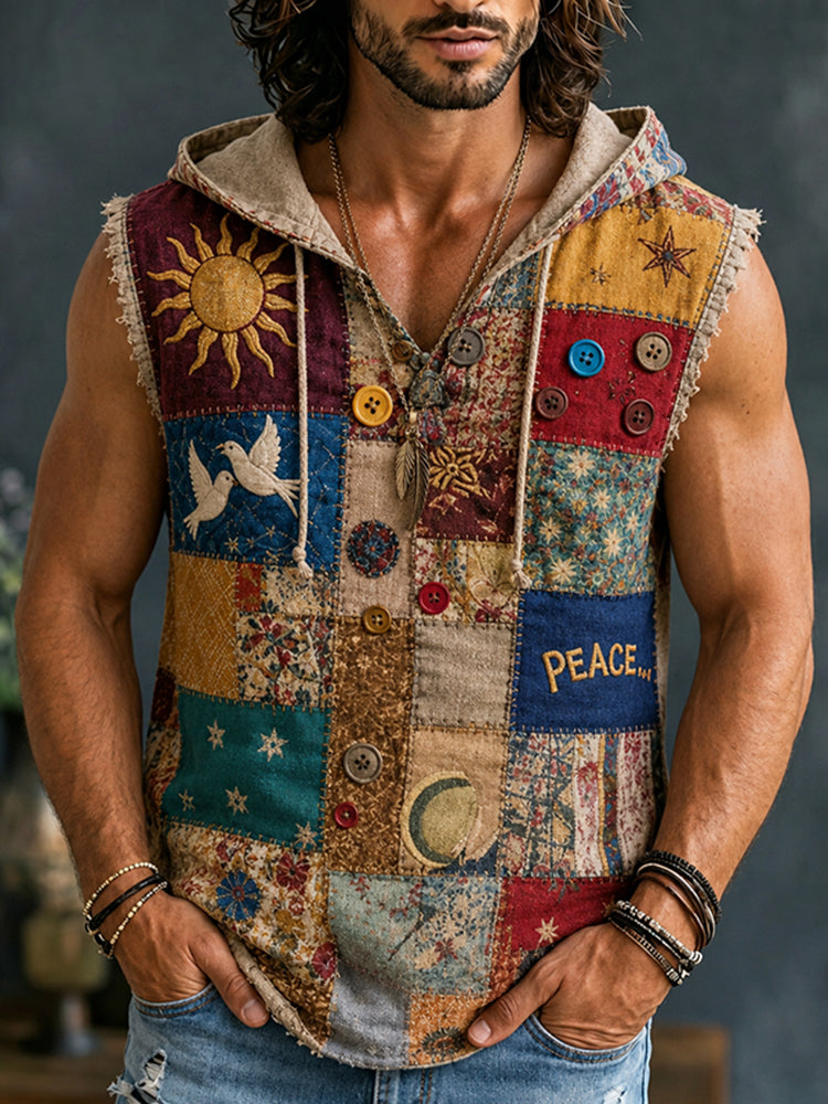 Cardydony Men's Retro Hippie Patchwork Sun Peace Print Cotton Linen Hooded Tank Top