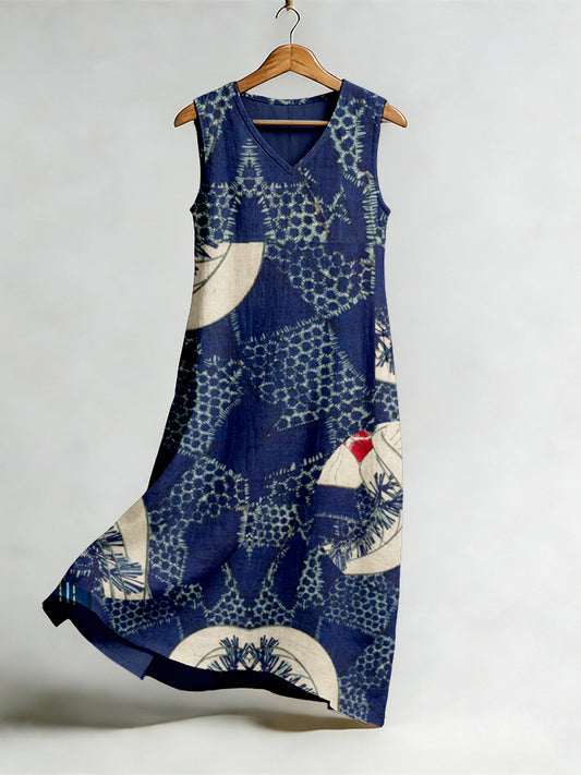 Cardydony Vintage Japanese Art Pattern Flowy Linen Midi Dress