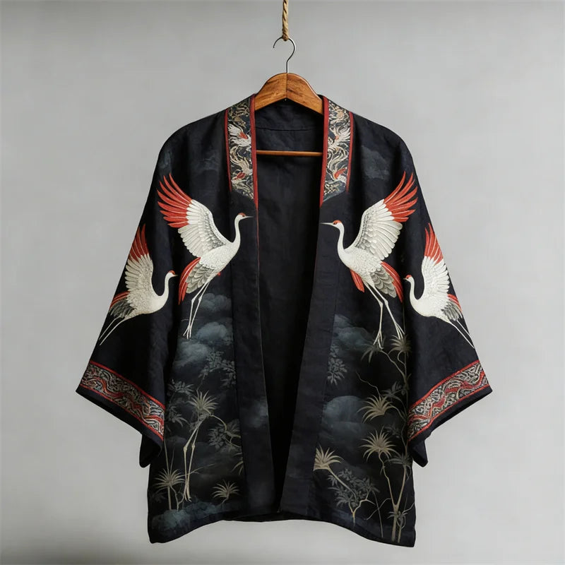 Cardydony Japanese Classy Cranes & Pine Trees Art Linen Kimono