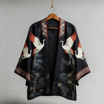 Cardydony Japanese Classy Cranes & Pine Trees Art Linen Kimono