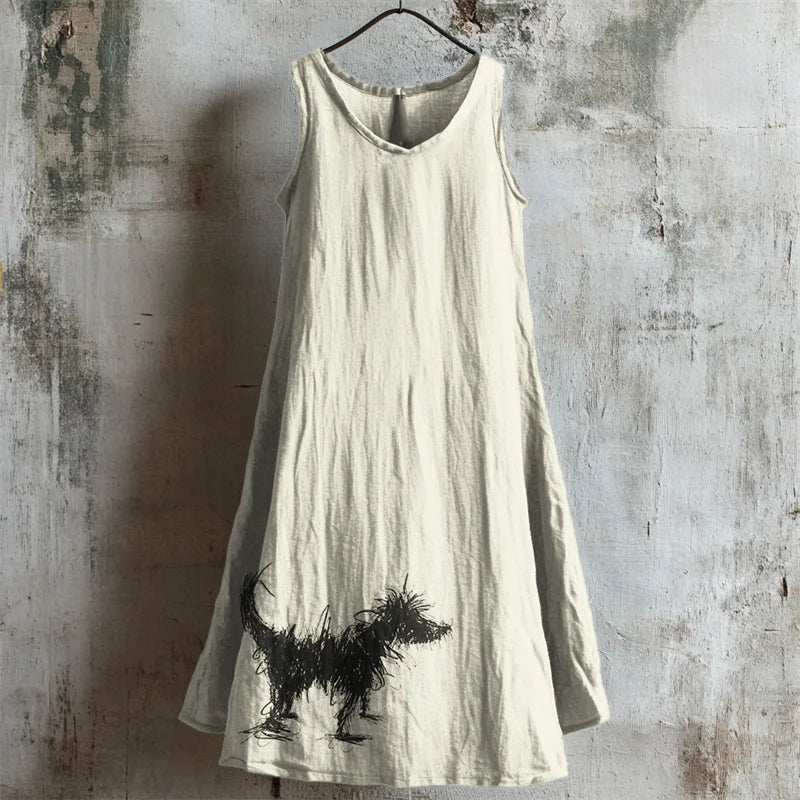 Cardydony Fuzzy Dog Line Painting Linen Tank Dress
