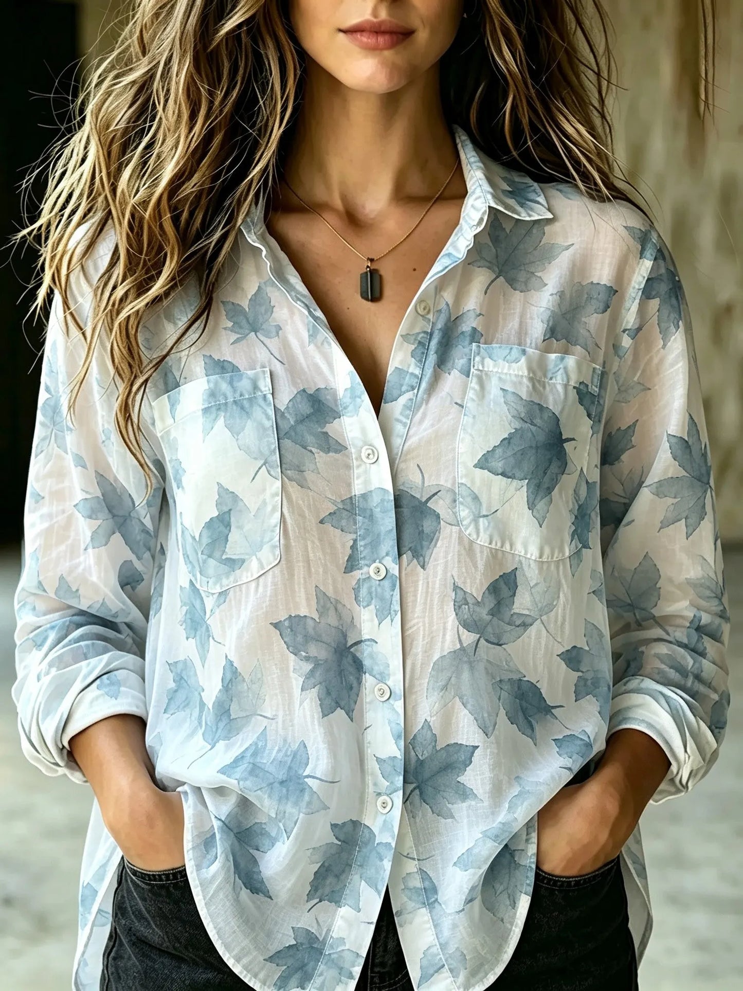 Cardydony Women's Retro Bohemian Floral Maple Leaf Print Cotton Linen Shirt
