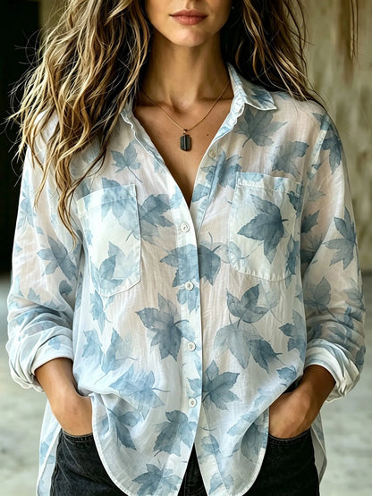 Cardydony Women's Retro Bohemian Floral Maple Leaf Print Cotton Linen Shirt